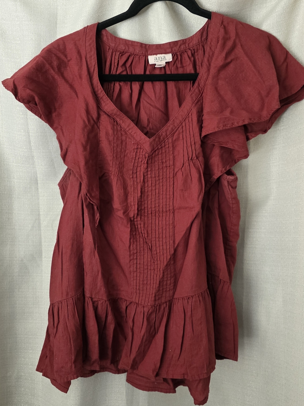 A.n.a Maroon Cotton Blouse (XL, Fits L) – Ruffle Sleeve, Boho Style